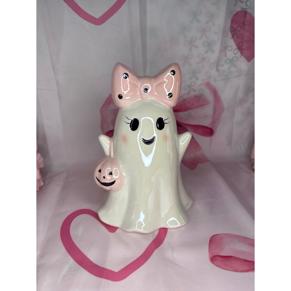 Viral Ceramic Halloween Ghost With Big Pink Bow & Pumpkin Purse